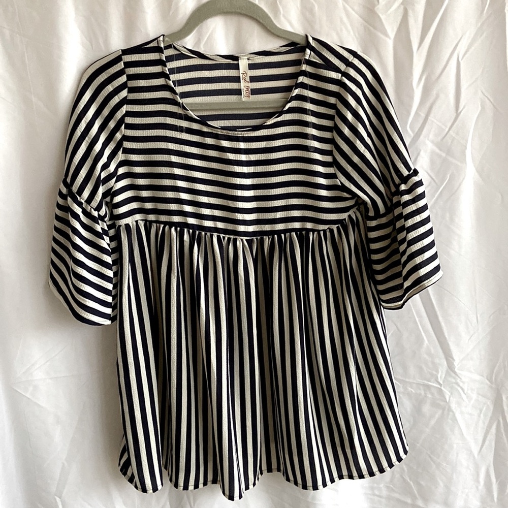 “Red Lolly” Half Sleeve, Round Neck Baby Doll Tunic, navy/grey stripes, Small